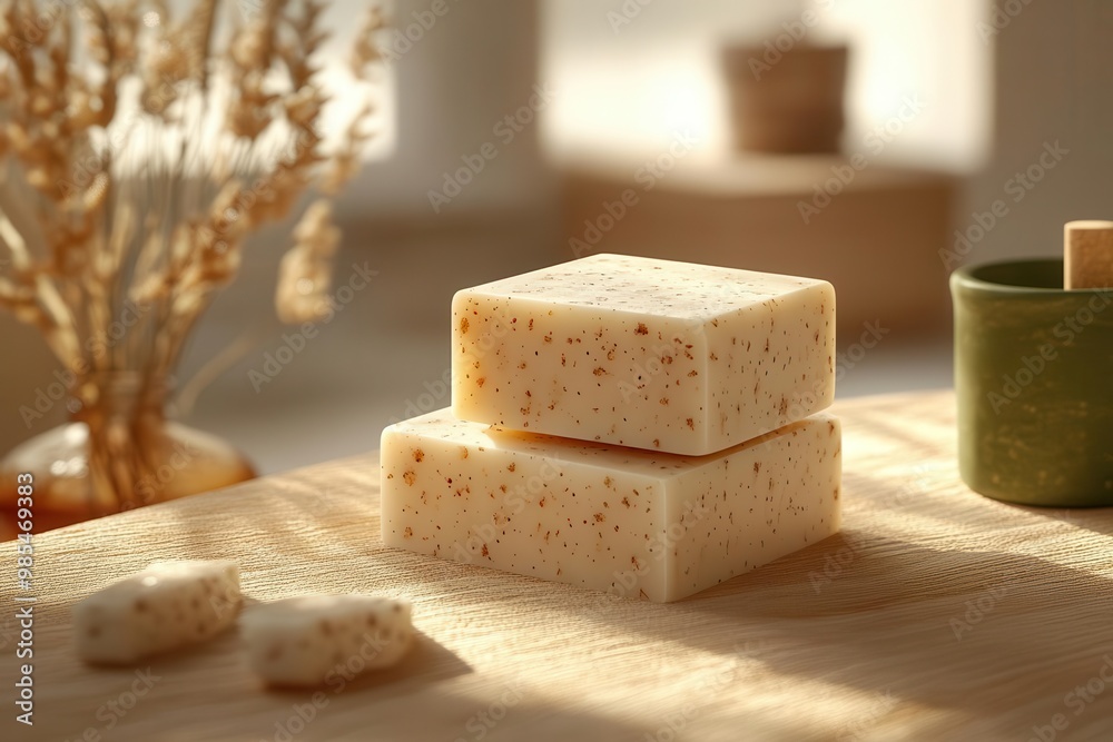 Beautifully crafted soap blocks displayed on a wooden surface, surrounded by natural decor, enhancing a serene ambiance. Beautifully crafted soap blocks displayed on a wooden surface, surrounded by natural decor, enhancing a serene ambiance.
