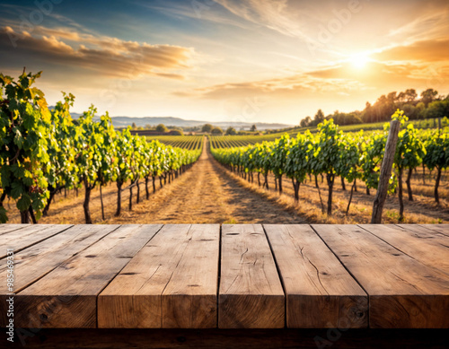 vineyard and empty wooden table