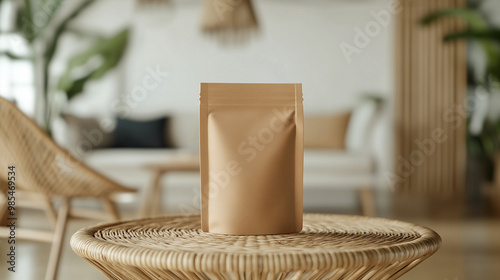 mockup brown supplement bag upright on round rattan table, facing front, minimalist living room background, Ai generated images photo