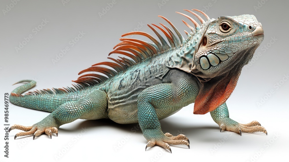 Fototapeta premium Green Iguana Lizard with Spikes and Red Throat