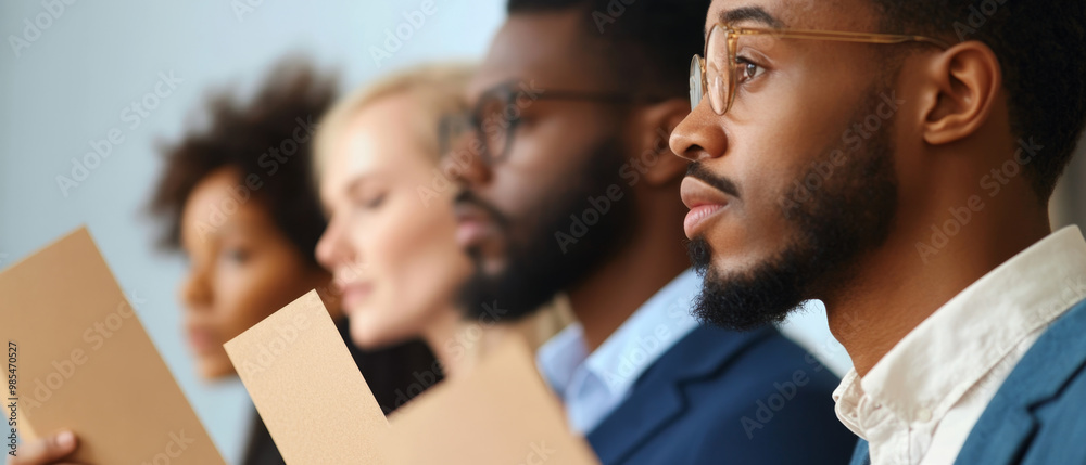Close up of group of voters reading candidates plan, showcasing diverse individuals engaged in electoral process. Their focused expressions reflect importance of informed voting Close up of group of voters reading candidates plan, showcasing diverse individuals engaged in electoral process. Their focused expressions reflect importance of informed voting