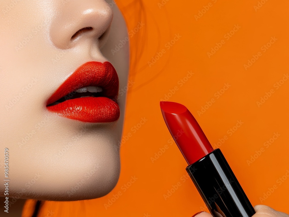 Obraz premium Captivating Close up of a Woman Applying Striking Red Lipstick