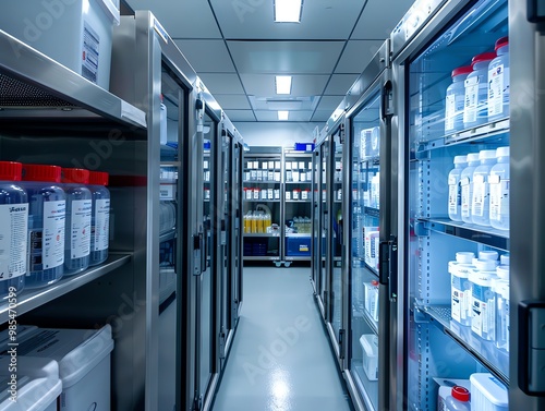 A laboratory freezer with samples stored inside photo