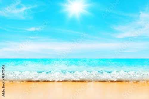 Fototapeta Naklejka Na Ścianę i Meble -  Sea beach landscape, paradise tropical island, ocean water, sand, sun sky clouds, beautiful nature panorama background, summer holidays, vacation, travel banner template, Caribbean, Thailand, Maldives