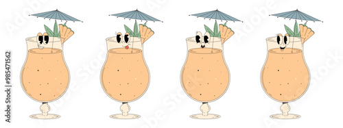 Set retro groovy characters summer cocktail. Funky alcohol beverage pina colada with different emotions. Vintage vector illustration 70s, 80s style