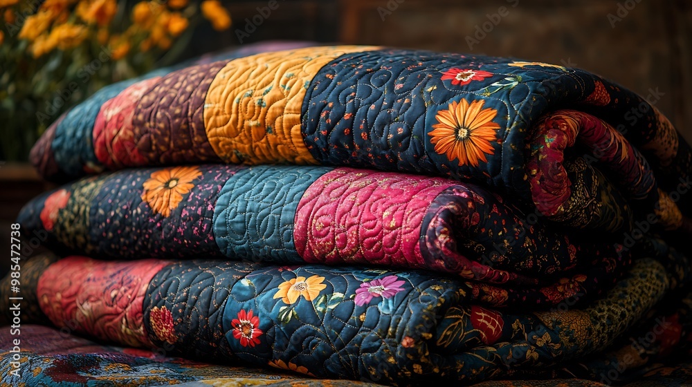 A folded patchwork quilt with a floral pattern in warm colors. A folded patchwork quilt with a floral pattern in warm colors.