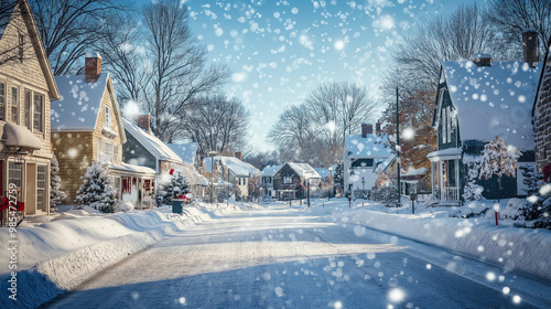 Winter snowfall in a quaint suburban neighborhood street lined with snow covered houses photo