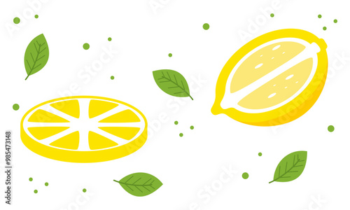 Cartoon lemons. Exotic sour juicy fruit. Yellow citrus. Citric whole and slices