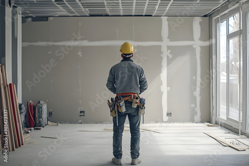 A construction worker wearing a hard hat evaluates the progress of an interior renovation. The room is under construction, with tools and materials visible. Natural light illuminates the workspace