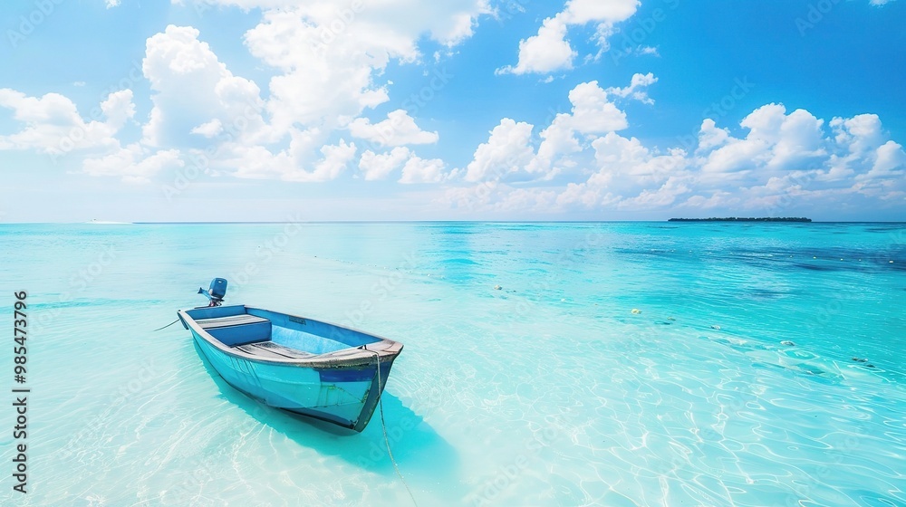 A beautiful blue tourism scene with a magnificent seaside background. The sea is a deep shade of blue, with waves gently rolling in A beautiful blue tourism scene with a magnificent seaside background. The sea is a deep shade of blue, with waves gently rolling in