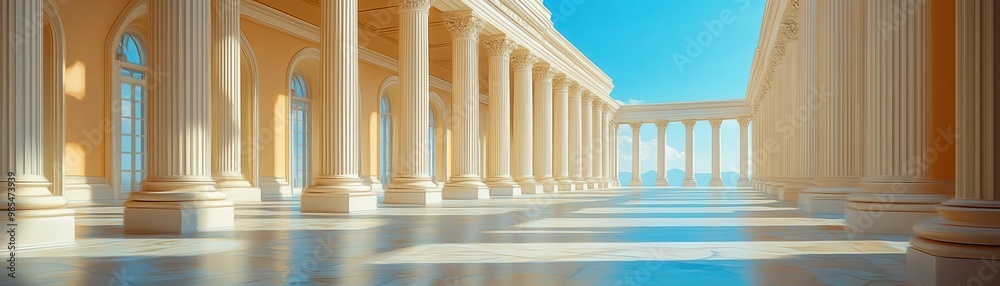 Fototapeta premium Expansive view of classical architecture featuring tall columns and a serene sky, creating a peaceful atmosphere.