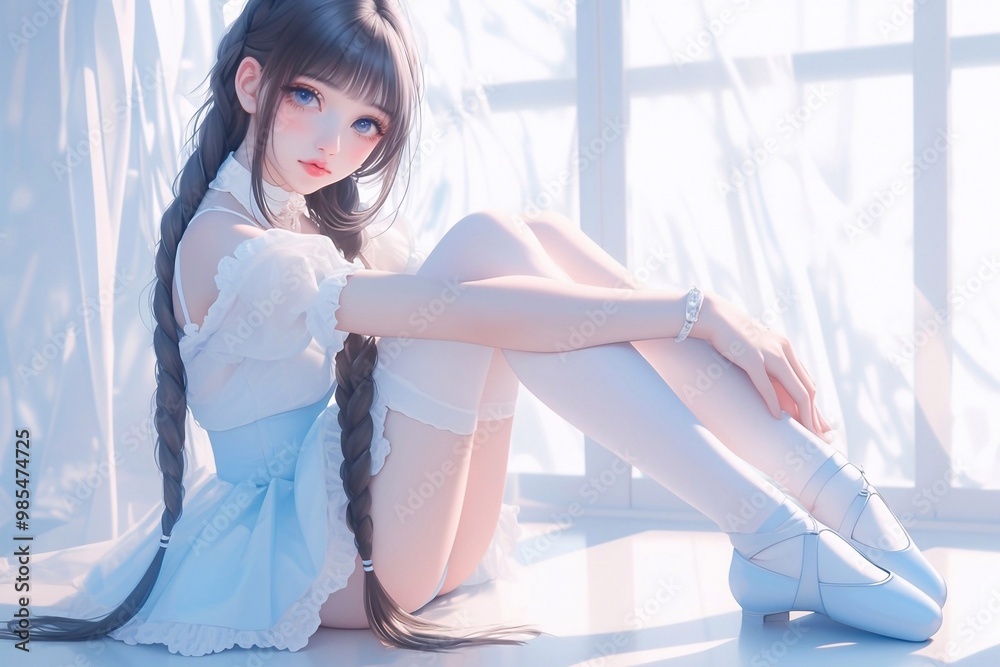 Φωτογραφία beautiful and cute japanese girl with long black braids, fair skin and very light makeup, wearing in ballet girl style, a light blue lolita top, a white skirt, leg socks