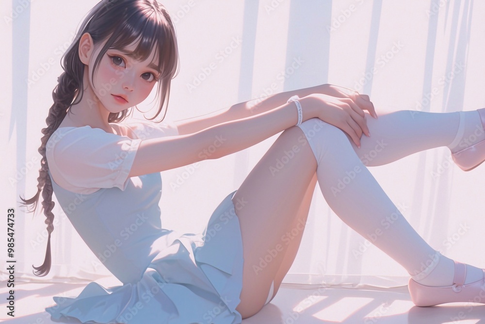 Φωτογραφία beautiful and cute japanese girl with long black braids, fair skin and very light makeup, wearing in ballet girl style, a light blue lolita top, a white skirt, leg socks