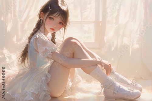 beautiful and cute japanese girl with long black braids, fair skin and very light makeup, wearing in ballet girl style, a light blue lolita top, a white skirt, leg socks. kawaii animation style.