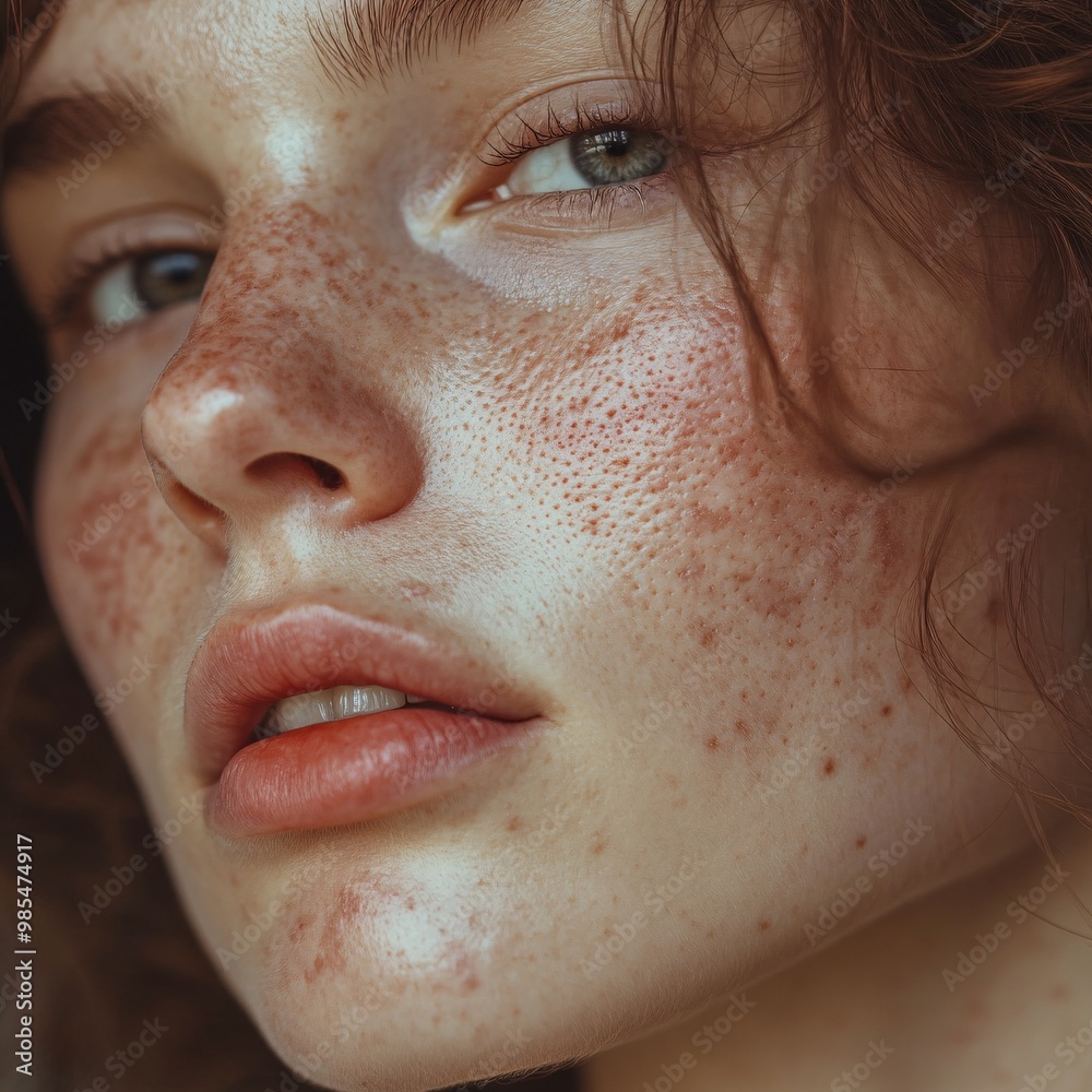 Fototapeta premium A young girl with rosacea on her face, smiling softly, warm evening light