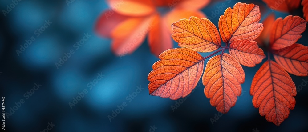 Autumn Leaves in Depth: Vibrant Colors Amidst a Dark Blue Background Autumn Leaves in Depth: Vibrant Colors Amidst a Dark Blue Background