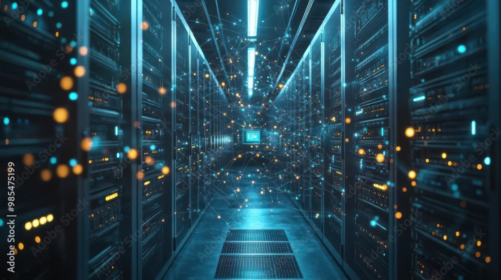 Fototapeta premium Futuristic data center corridor with glowing lights and server racks, showcasing advanced technology and digital connectivity.