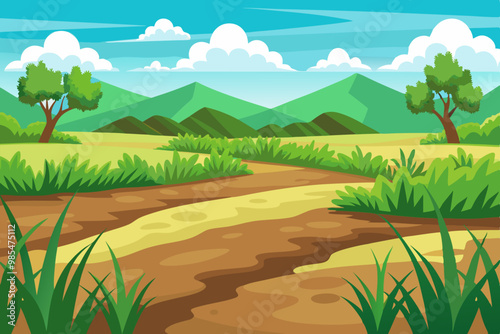 Vector illustration Cartoon flat summer mountains landscape with green hills pine forest and river