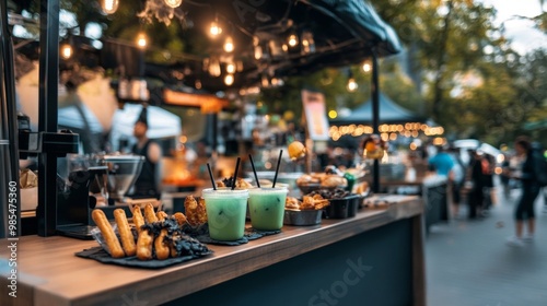 Spooky food cart at a Halloween festival serving eerie bat-wing churros glowing green drinks