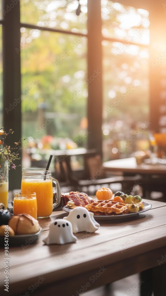 Naklejka premium Spooky Halloween breakfast with ghost-shaped waffles bat bacon