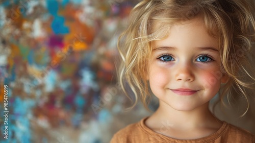 Happy Young Child Smiling Indoors with Floral Background