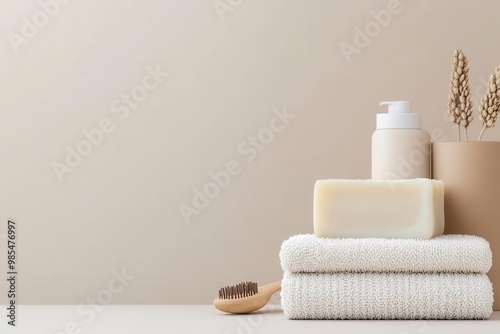 Minimalistic spa arrangement featuring soap, towel, and natural elements on a soft, neutral background for a calm aesthetic.