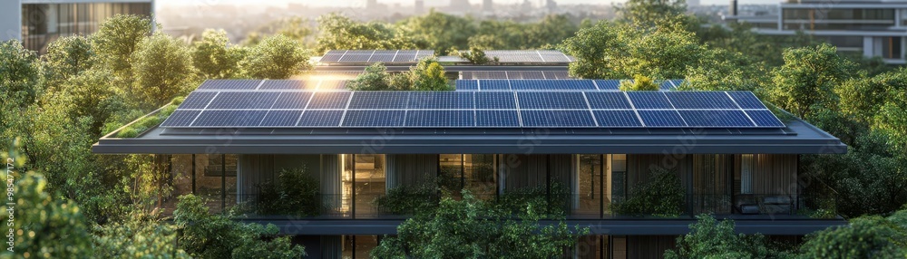 Fototapeta premium Modern building with solar panels surrounded by lush greenery, showcasing sustainable architecture and eco-friendly design.