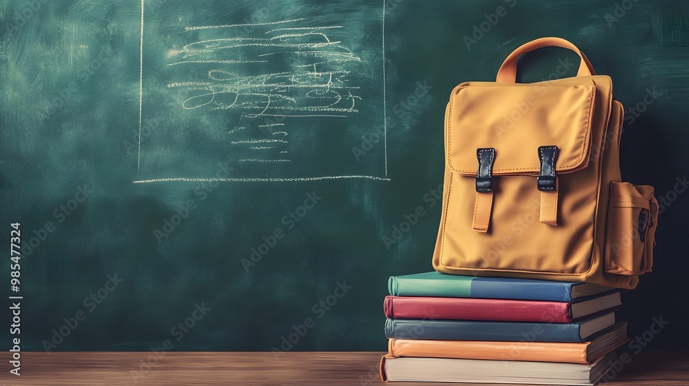 A stack of colorful books sits beside a backpack in front of a green chalkboard with chalk scribbles. This image embodies the back-to-school theme, perfect for education. A stack of colorful books sits beside a backpack in front of a green chalkboard with chalk scribbles. This image embodies the back-to-school theme, perfect for education.