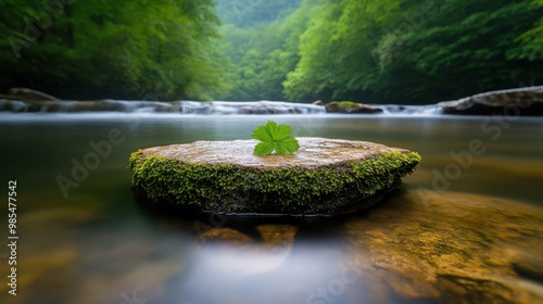 Tranquil Riverbank Scene with Moss-Covered Rock on Lush Greenery Background. photo