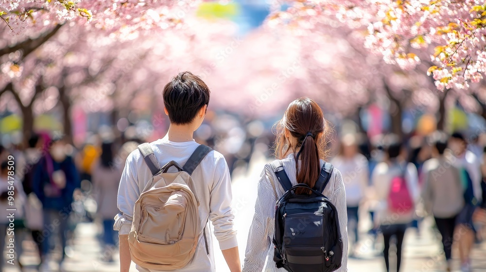 A young couple walking hand-in-hand through a cherry blossom park in Japan, enjoying the beauty of springtime together A young couple walking hand-in-hand through a cherry blossom park in Japan, enjoying the beauty of springtime together