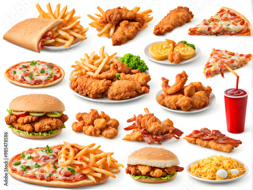 All Fast Food collection set, isolated on white background. Fried chicken, fries, pizza, sandwich, chicken nuggets, eggs and bacon, shawarma, prawns. Junk food of Fast Food set. Closeup of fast foods