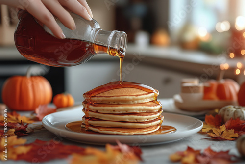 Hand pouring syrup over a stack of pancakes in a warm kitchen, surrounded by autumn-themed decorations with pumpkins and leaves