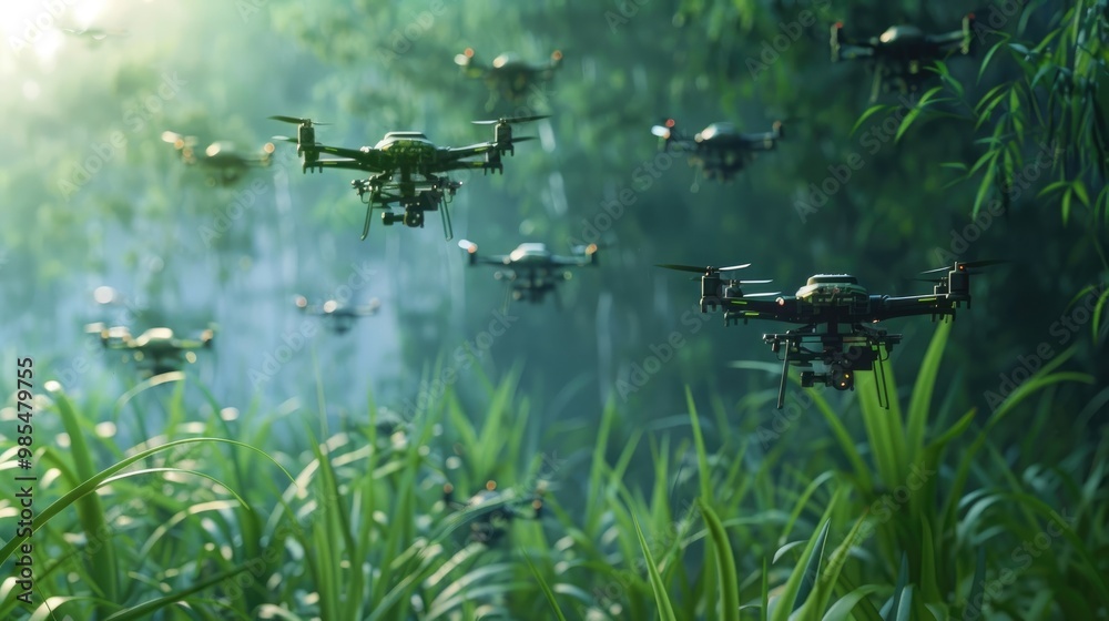 High-tech drone swarm conducting environmental research. High-tech drone swarm conducting environmental research.