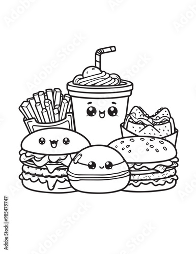 Illustration Coloring draw kawai food best fast food with cream drink black and white version good for kids