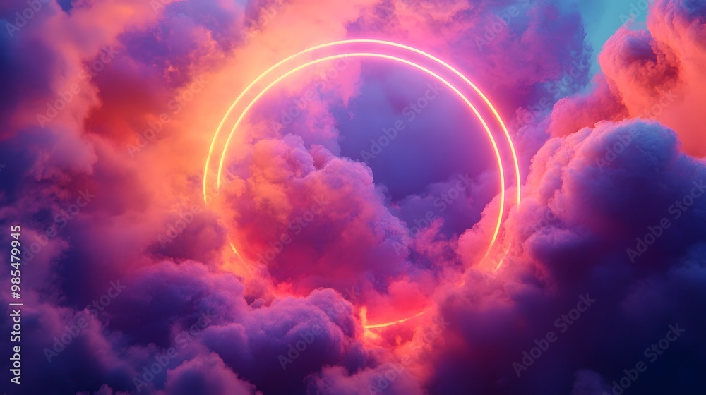 A surreal, dreamlike scene of vibrant clouds illuminated by a glowing neon ring in the sky. The fiery sunset colors blend with purples and pinks, creating a futuristic, otherworldly atmosphere. A surreal, dreamlike scene of vibrant clouds illuminated by a glowing neon ring in the sky. The fiery sunset colors blend with purples and pinks, creating a futuristic, otherworldly atmosphere.
