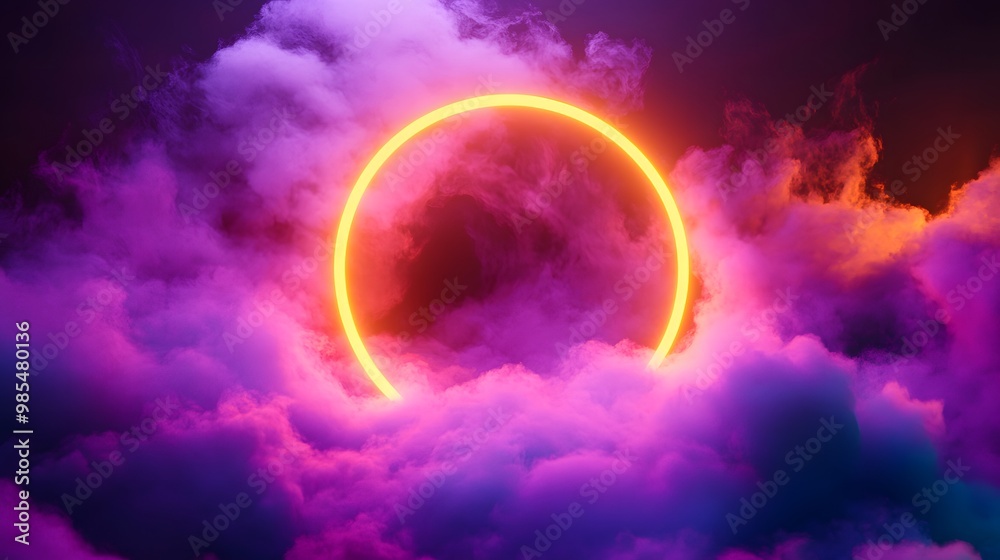 A surreal, dreamlike scene of vibrant clouds illuminated by a glowing neon ring in the sky. The fiery sunset colors blend with purples and pinks, creating a futuristic, otherworldly atmosphere. A surreal, dreamlike scene of vibrant clouds illuminated by a glowing neon ring in the sky. The fiery sunset colors blend with purples and pinks, creating a futuristic, otherworldly atmosphere.