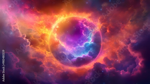 A surreal, dreamlike scene of vibrant clouds illuminated by a glowing neon ring in the sky. The fiery sunset colors blend with purples and pinks, creating a futuristic, otherworldly atmosphere.