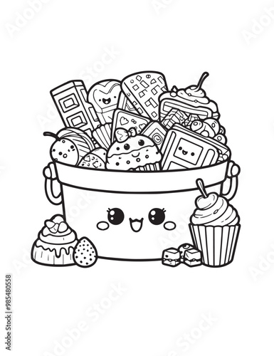 Illustration Coloring draw kawai food chocolate candy and cookies black and white version good for kids