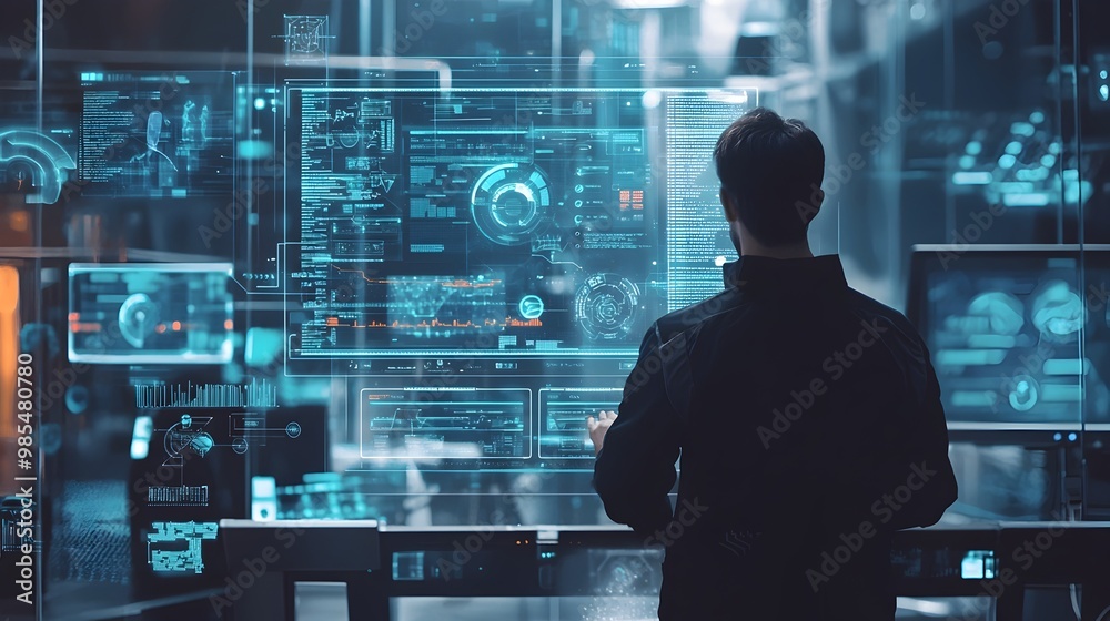 Futuristic Digital Dashboard with Data Analytics Visuals in the Workspace Futuristic Digital Dashboard with Data Analytics Visuals in the Workspace