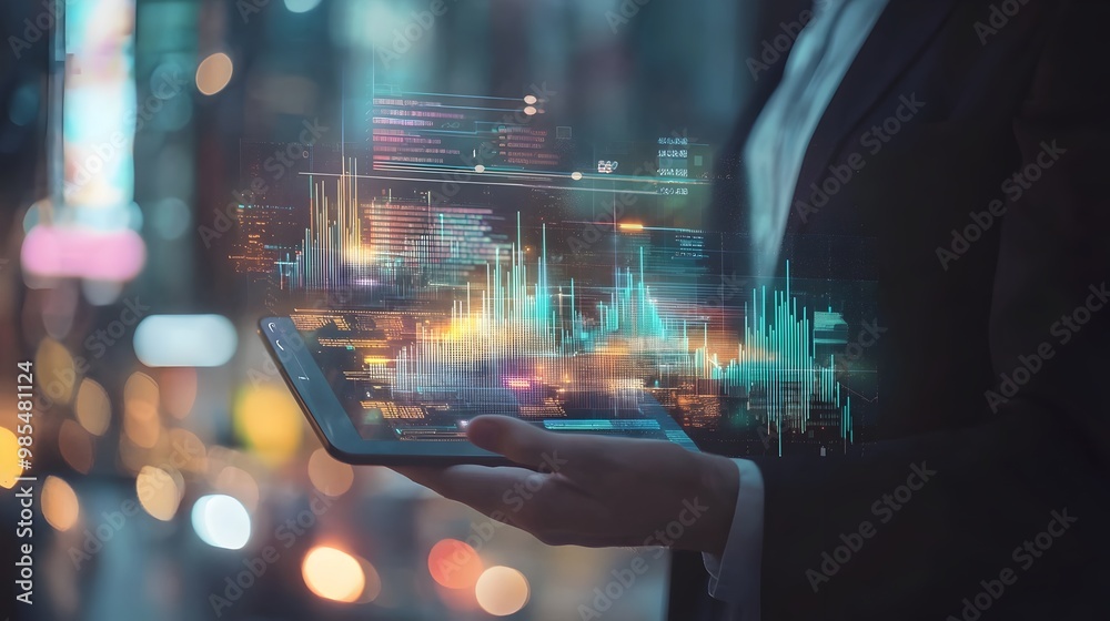 Futuristic Digital Data Visualization with Glitch Effect on Handheld Device Futuristic Digital Data Visualization with Glitch Effect on Handheld Device