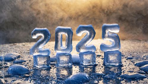 Number 2025 made of ice, happy new year concept