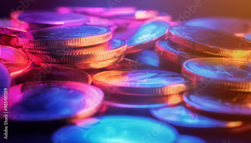 Coin stack lit by colorful neon light, generative ai