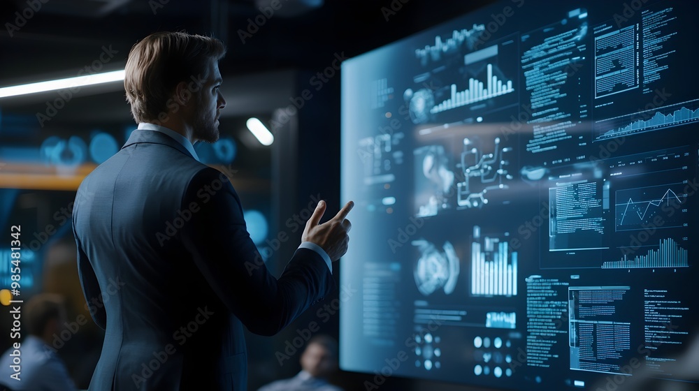 Professional Analyzing Complex Data Visualization on Digital Screen in Modern Office Professional Analyzing Complex Data Visualization on Digital Screen in Modern Office