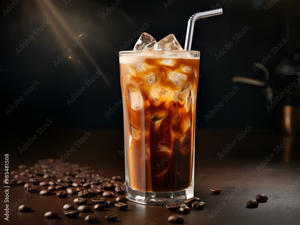 Iced coffee in a glass with whipped cream, condensation on the glass and a metal straw, a refreshing and fashionable drink, ideal for a summer cafe menu. Iced coffee in a glass with whipped cream, condensation on the glass and a metal straw, a refreshing and fashionable drink, ideal for a summer cafe menu.