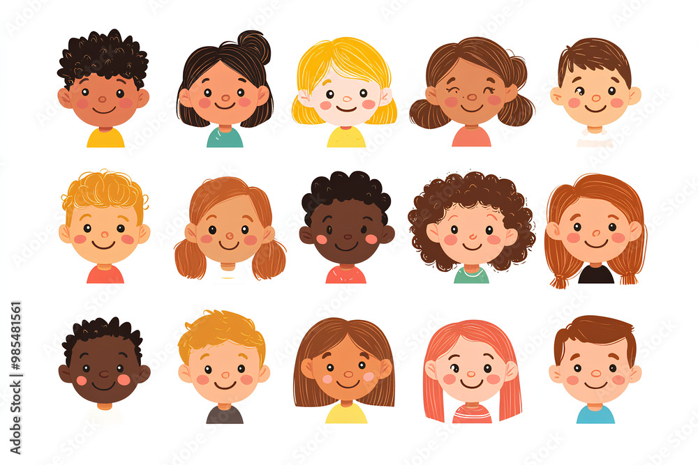 Bundle of smiling faces of boys and girls with different hairstyles, skin colors and ethnicities. Colorful flat vector illustration isolated on white background Bundle of smiling faces of boys and girls with different hairstyles, skin colors and ethnicities. Colorful flat vector illustration isolated on white background