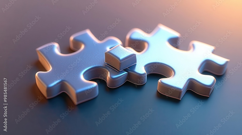 Fototapeta premium Two metallic puzzle pieces symbolizing connection, solution, and teamwork on a blurred background. Ideal for business concepts.