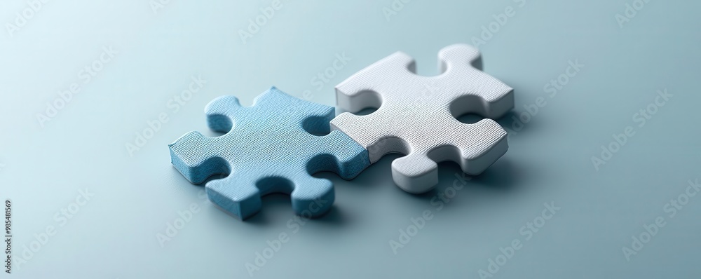 Two interlocking puzzle pieces in blue and white, symbolizing teamwork, creativity, and problem-solving. Two interlocking puzzle pieces in blue and white, symbolizing teamwork, creativity, and problem-solving.
