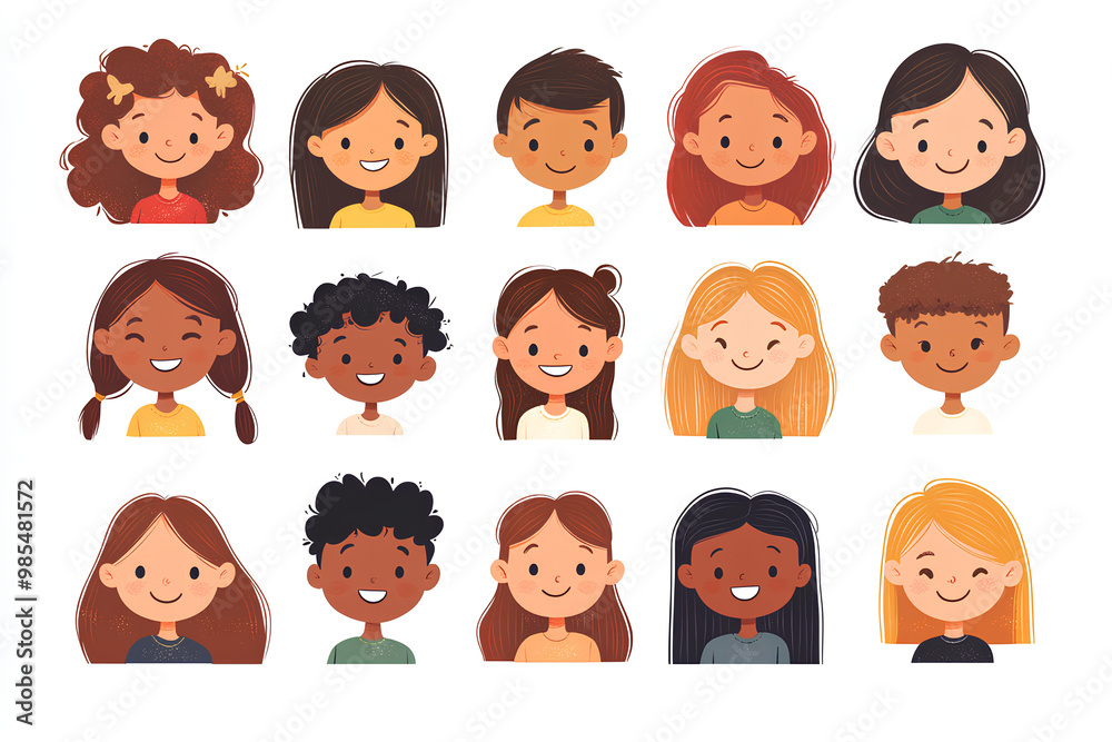 Bundle of smiling faces of boys and girls with different hairstyles, skin colors and ethnicities. Colorful flat vector illustration isolated on white background Bundle of smiling faces of boys and girls with different hairstyles, skin colors and ethnicities. Colorful flat vector illustration isolated on white background