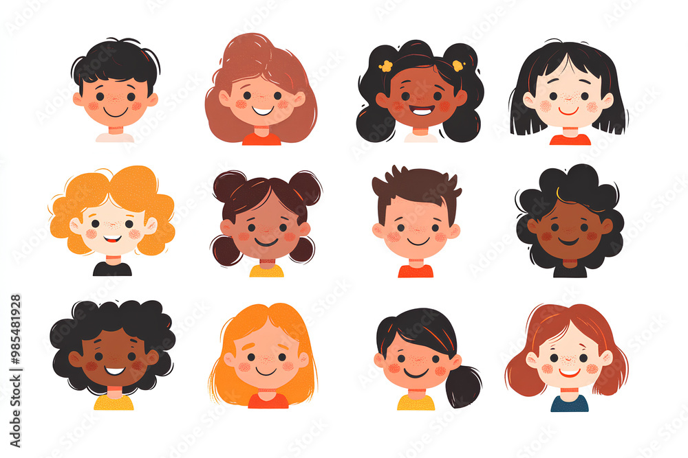 Bundle of smiling faces of boys and girls with different hairstyles, skin colors and ethnicities. Colorful flat vector illustration isolated on white background Bundle of smiling faces of boys and girls with different hairstyles, skin colors and ethnicities. Colorful flat vector illustration isolated on white background