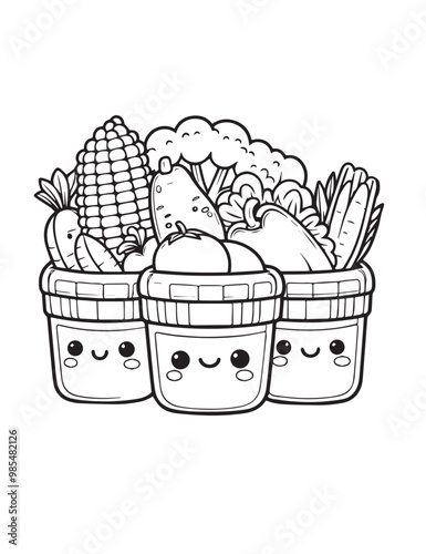 Illustration Coloring draw kawai food fresh vegetable in basket black and white version good for kids